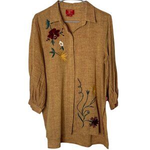 Khadi India Handwoven Embroidered Tunic Top Mustard Yellow Floral Boho Artisan L
